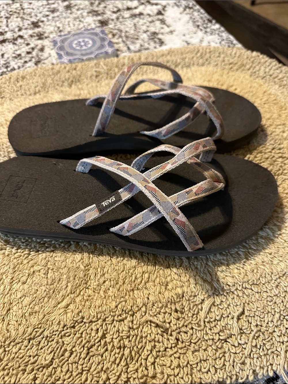 Teva Black Footbed Sandals with Patterned Straps